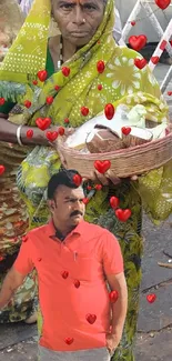 Elderly woman in vibrant sari holds a basket in vibrant street market.