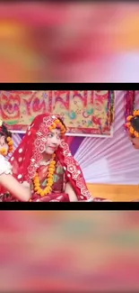 Colorful cultural wedding scene with traditional attire and decorations.