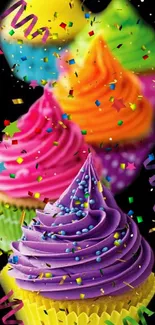 Colorful cupcakes with confetti in vibrant wallpaper.