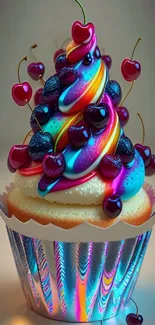 Vibrant, neon cupcake with cherries and colorful icing.