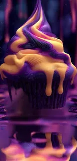 Fantasy cupcake with purple and orange swirls.