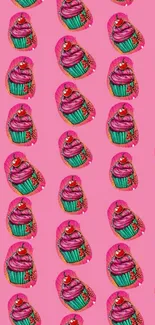 Pink wallpaper with a cupcake pattern.