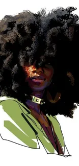 Artistic illustration with curly hair in vibrant fashion.