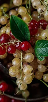 Close-up of red and white currants with green leaves.