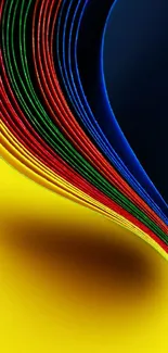 Vibrant curved color wallpaper with yellow, blue, red, and green lines.