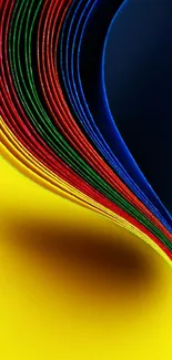 Dynamic wallpaper with vibrant curved layers in yellow, blue, red, and green.