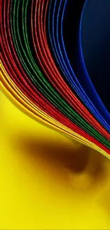 Colorful curved paper-like lines in yellow, red, green, and blue on a mobile wallpaper.