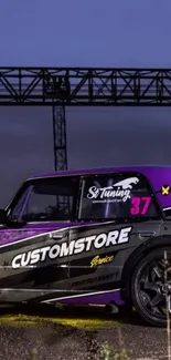 Vibrant custom car with purple accents and bold design in a racing scene.