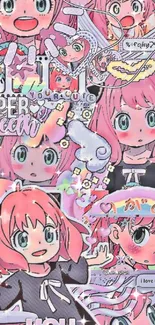 Cute anime collage wallpaper with vibrant pink shades and expressive characters.