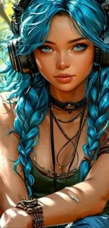 Anime girl with cyan braided hair and headphones in vibrant digital art.