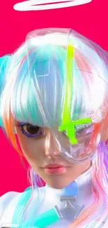 Futuristic cyber angel with neon hues on a vibrant background.