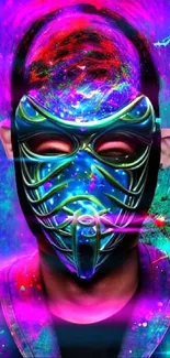 Vibrantly colored cyber mask with neon highlights and abstract backdrop.