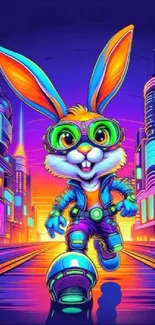 Vibrant cyber bunny in a neon cityscape.