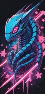 Cyber dragon with blue and pink colors, accented by stars.