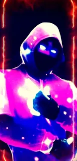 Vibrant hooded cyber figure with neon colors and fiery background.