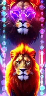 Neon cyber lions with vibrant colors in a futuristic digital art style.