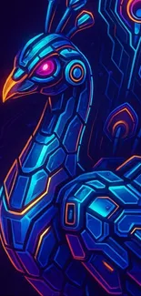 Cyber peacock with neon colors and geometric patterns.