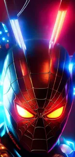 Cybernetic spider-man artwork with neon lights and vibrant colors.