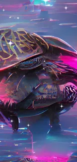 Futuristic neon turtle artwork in vibrant colors.