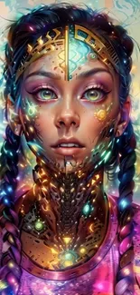 Colorful cybernetic portrait with neon glow.