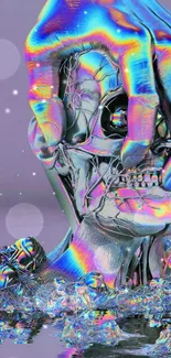 Vibrant cybernetic skull with neon hues emerging from water.