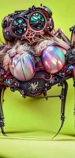 Futuristic cybernetic spider with colorful, metallic design on lime green background.