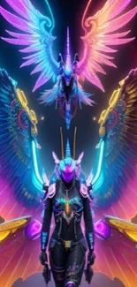 Colorful neon cyberpunk angel with vibrant wings and futuristic design.