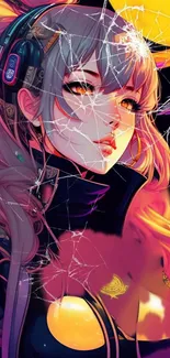 Anime character in vibrant cyberpunk style with neon colors and shattered glass.