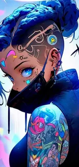 Cyberpunk anime girl with neon tattoos and vibrant colors.