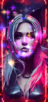 Futuristic anime girl with neon headphones in cyberpunk theme.