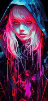 Colorful cyberpunk art with neon pink and hooded figure.