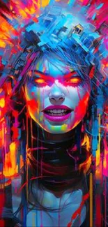 Vibrant cyberpunk art with intense colors and futuristic design on mobile wallpaper.