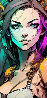 Vibrant cyberpunk artwork with neon colors and futuristic design.