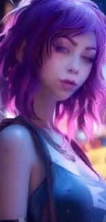 Vibrant cyberpunk character with purple hair in anime style.