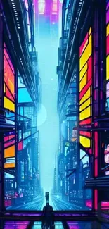 Futuristic cyberpunk cityscape with neon lights.