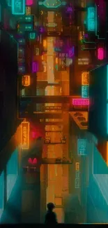 Cyberpunk cityscape with vibrant neon lights at night.