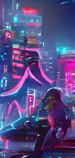 Cyberpunk cityscape with neon lights and futuristic buildings.