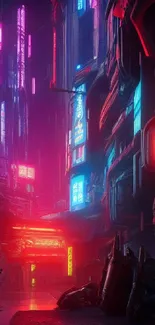 Cyberpunk cityscape with neon lights in pink hues.