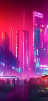 Cyberpunk cityscape with neon lights and skyscrapers creates a futuristic ambiance.