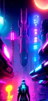 Futuristic cyberpunk cityscape with vibrant neon colors and sci-fi elements.