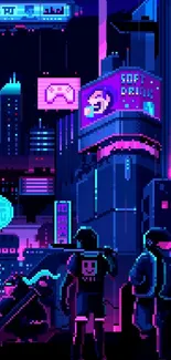 Cyberpunk cityscape with neon lights and futuristic buildings in vibrant colors.