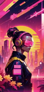 Futuristic cyberpunk cityscape with neon lights and a character wearing tech gear.