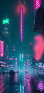 Futuristic cyberpunk city with neon lights and vibrant color scheme.