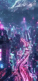 Cyberpunk cityscape with neon lights and skyscrapers.