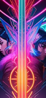 A vivid cyberpunk duel featuring neon lights and futuristic art style.