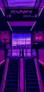 Cyberpunk escalator in neon purple light.