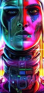 Vibrant neon cyberpunk face artwork for mobile wallpaper.