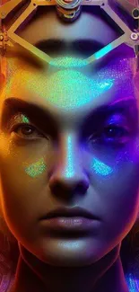 Vibrant cyberpunk face art with neon colors and futuristic design elements.