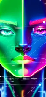 Vibrant neon cyberpunk face art wallpaper.