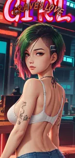 Stylish anime girl in neon cyberpunk setting.